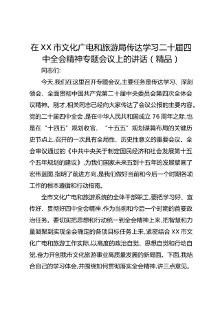 在XX市文化广电和旅游局传达学习二十届四中全会精神专题会议上的讲话