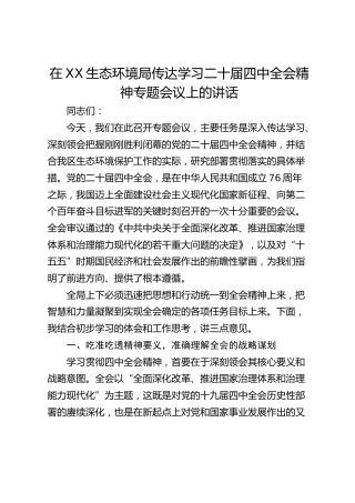 在XX生态环境局传达学习二十届四中全会精神专题会议上的讲话