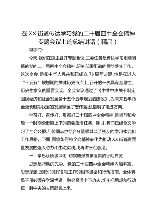 在XX街道传达学习党的二十届四中全会精神专题会议上的总结讲话