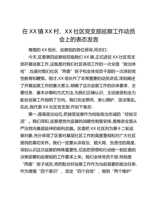 在XX镇XX村、XX社区党支部巡察工作动员会上的表态发言