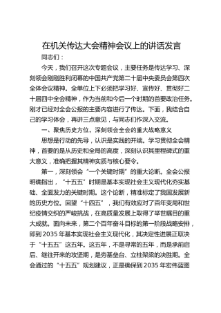在机关传达学习党的二十届四中全会精神会议上的讲话发言