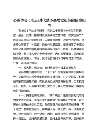 深入学习贯彻党的二十届四中全会精神心得体会-扛起时代赋予基层党组织的使命担当