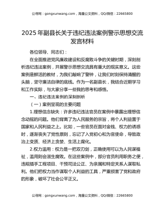 2025年副县长关于违纪违法案例警示思想交流发言材料