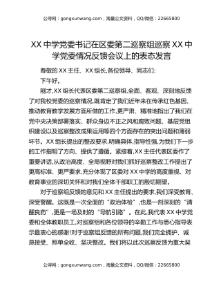 XX中学党委书记在区委第二巡察组巡察XX中学党委情况反馈会议上的表态发言