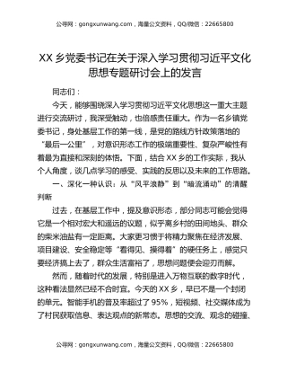 XX乡党委书记在关于深入学习贯彻习近平文化思想专题研讨会上的发言