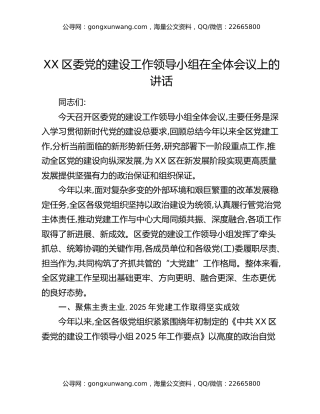 XX区委党的建设工作领导小组在全体会议上的讲话