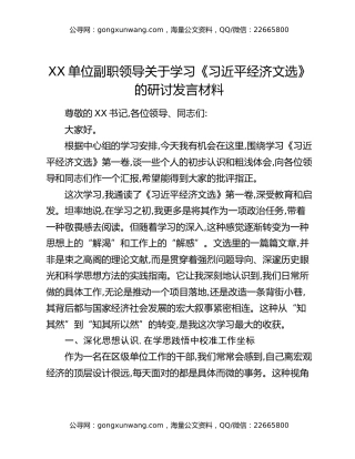 XX单位副职领导关于学习《习近平经济文选》的研讨发言材料