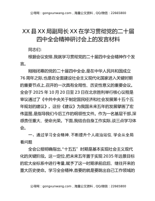 XX县XX局副局长XX在学习贯彻党的二十届四中全会精神研讨会上的发言材料