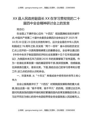 XX县人民政府副县长XX在学习贯彻党的二十届四中全会精神研讨会上的发言
