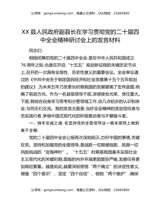 XX县人民政府副县长在学习贯彻党的二十届四中全会精神研讨会上的发言材料_1