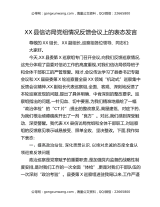 XX县信访局党组情况反馈会议上的表态发言
