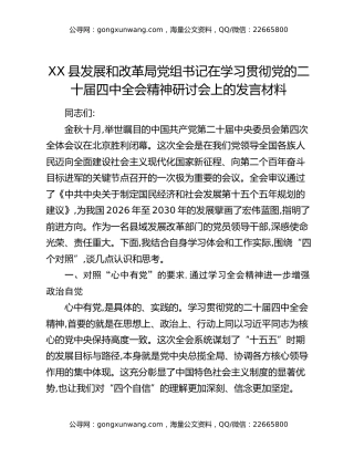 XX县发展和改革局党组书记在学习贯彻党的二十届四中全会精神研讨会上的发言材料