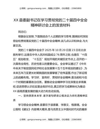 XX县委副书记在学习贯彻党的二十届四中全会精神研讨会上的发言材料