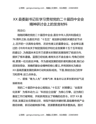XX县委副书记在学习贯彻党的二十届四中全会精神研讨会上的发言材料_1