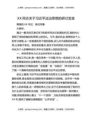XX同志关于习近平法治思想的研讨发言