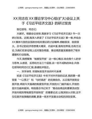 XX同志在XX理论学习中心组(扩大)会议上关于《习近平经济文选》的研讨发言