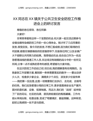 XX同志在XX镇关于公共卫生安全防控工作推进会上的研讨发言