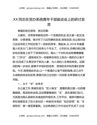 XX同志在党办系统青年干部座谈会上的研讨发言