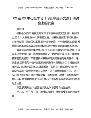 XX在XX中心组学习《习近平经济文选》研讨会上的发言