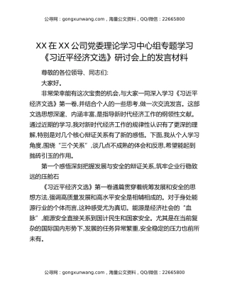 XX在XX公司党委理论学习中心组专题学习《习近平经济文选》研讨会上的发言材料