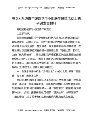 XX在XX系统青年理论学习小组联学联建活动上的研讨发言材料