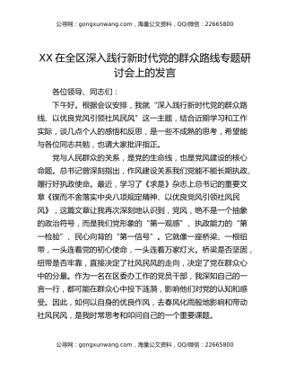 XX在全区深入践行新时代党的群众路线专题研讨会上的发言