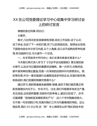 XX在公司党委理论学习中心组集中学习研讨会上的研讨发言