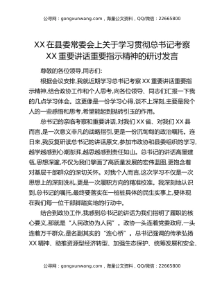 XX在县委常委会上关于学习贯彻总书记考察XX重要讲话重要指示精神的研讨发言