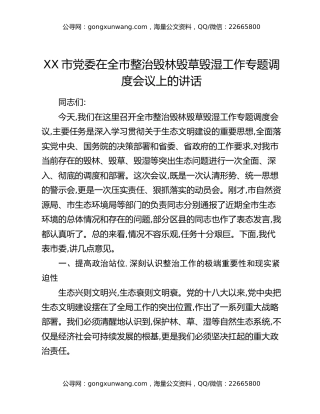 XX市党委在全市整治毁林毁草毁湿工作专题调度会议上的讲话（2）