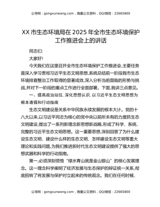 XX市生态环境局在2025年全市生态环境保护工作推进会上的讲话