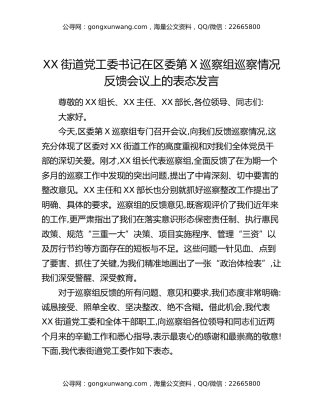 XX街道党工委书记在区委第X巡察组巡察情况反馈会议上的表态发言
