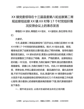 XX镇党委领导在十三届县委第八轮巡察第二常规巡察组巡察XX镇XX村等17个村党组织情况反馈会议上的表态发言