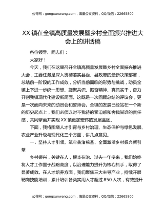XX镇在全镇高质量发展暨乡村全面振兴推进大会上的讲话稿