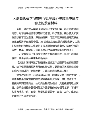 X副县长在学习贯彻习近平经济思想集中研讨会上的发言材料