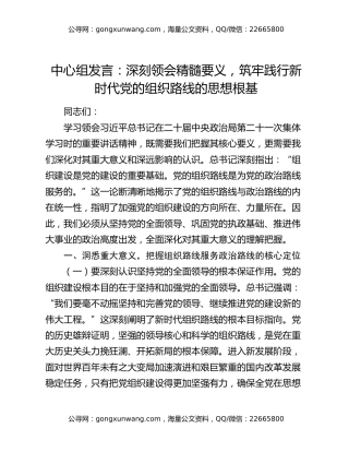 中心组发言：深刻领会精髓要义，筑牢践行新时代党的组织路线的思想根基