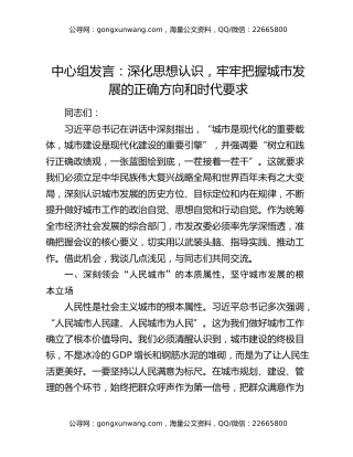 中心组发言：深化思想认识，牢牢把握城市发展的正确方向和时代要求