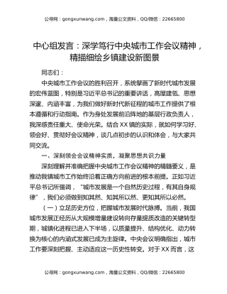 中心组发言：深学笃行中央城市工作会议精神，精描细绘乡镇建设新图景