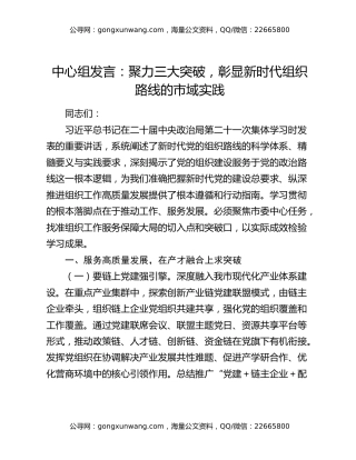 中心组发言：聚力三大突破，彰显新时代组织路线的市域实践