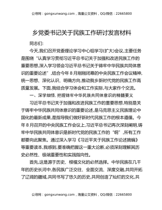 乡党委书记关于民族工作研讨发言材料