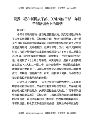 党委书记在新提拔干部、关键岗位干部、年轻干部培训会上的讲话