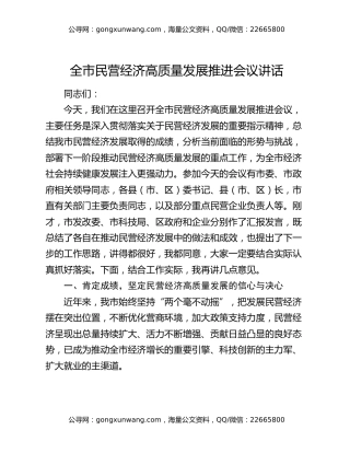 全市民营经济高质量发展推进会议讲话