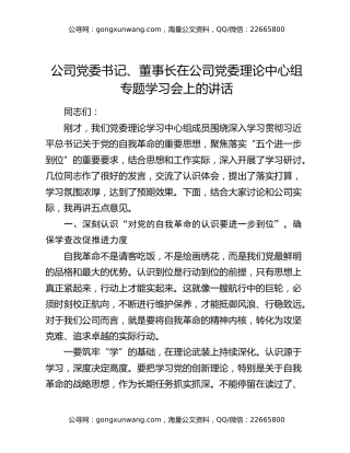 公司党委书记、董事长在公司党委理论中心组专题学习会上的讲话