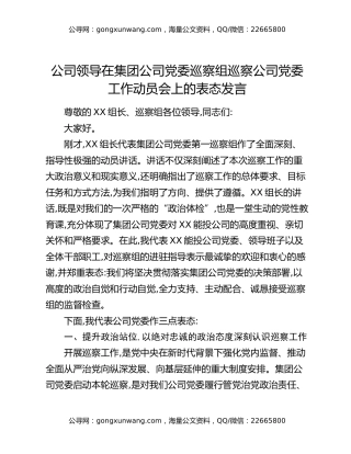 公司领导在集团公司党委巡察组巡察公司党委工作动员会上的表态发言