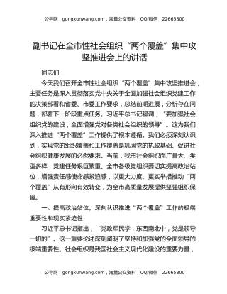 副书记在全市性社会组织“两个覆盖”集中攻坚推进会上的讲话