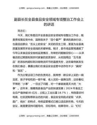 副县长在全县食品安全领域专项整治工作会上的讲话