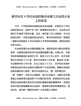 副市长在X市社会组织联合会第三次会员大会上的讲话