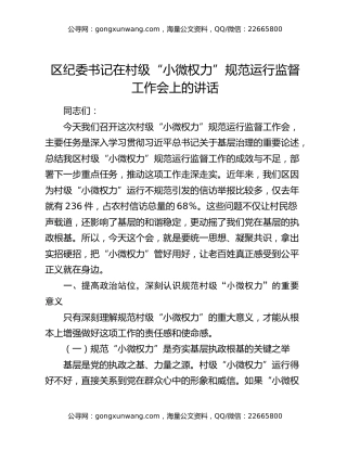 区纪委书记在村级“小微权力”规范运行监督工作会上的讲话