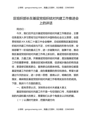 区组织部长在基层党组织结对共建工作推进会上的讲话