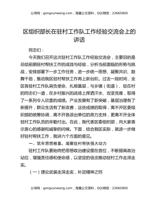 区组织部长在驻村工作队工作经验交流会上的讲话