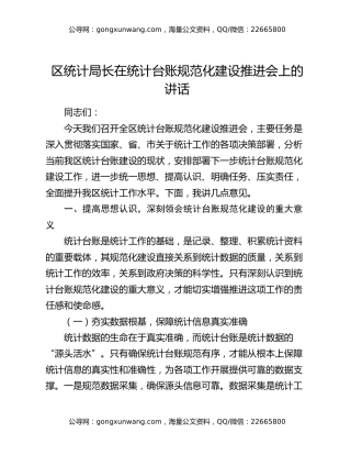 区统计局长在统计台账规范化建设推进会上的讲话